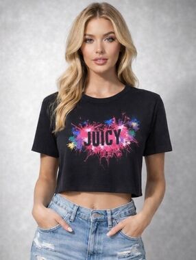 Juicy Couture Black Cropped Vibrant Graphic Tee / Top